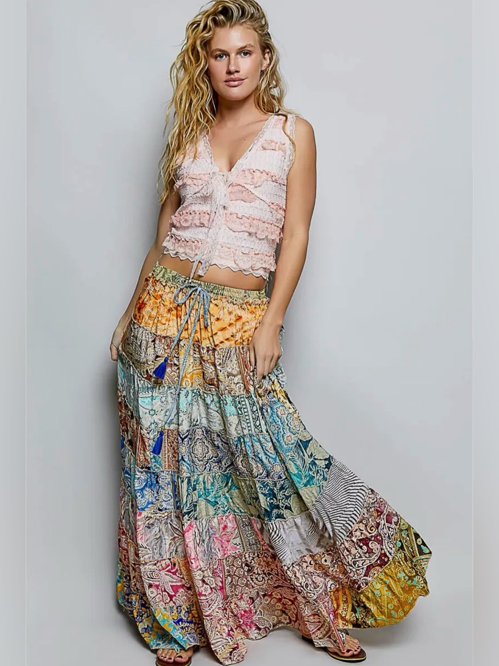 POL Bohemian Patchwork Maxi Skirt
